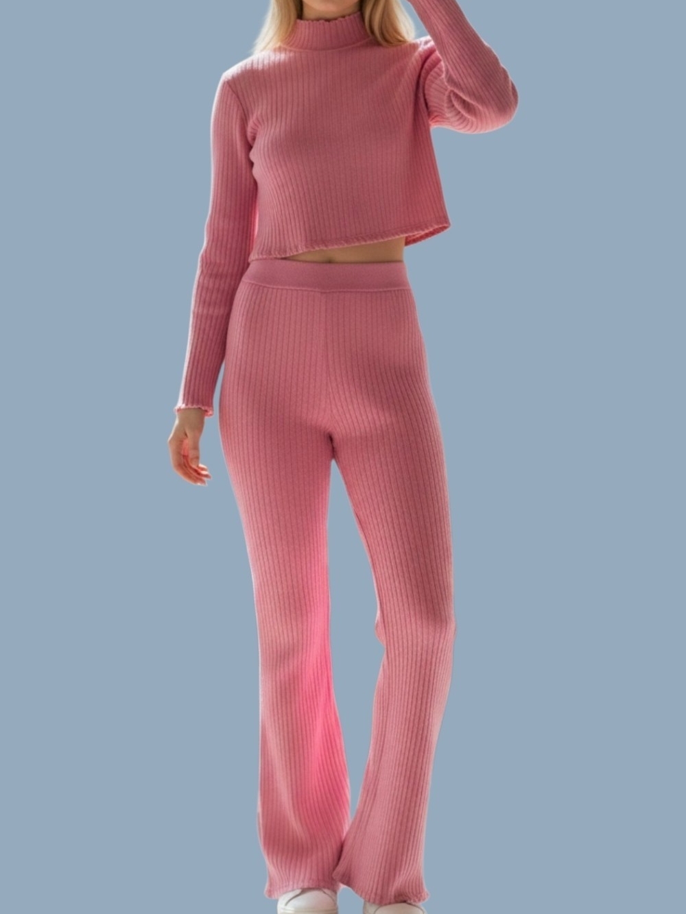 Kids Wide-Leg Ribbed Knit Set in Pink